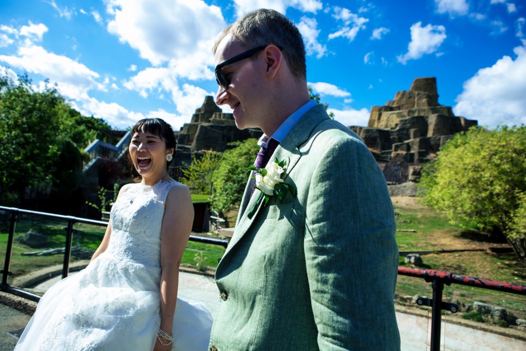 Bride and groom laughing