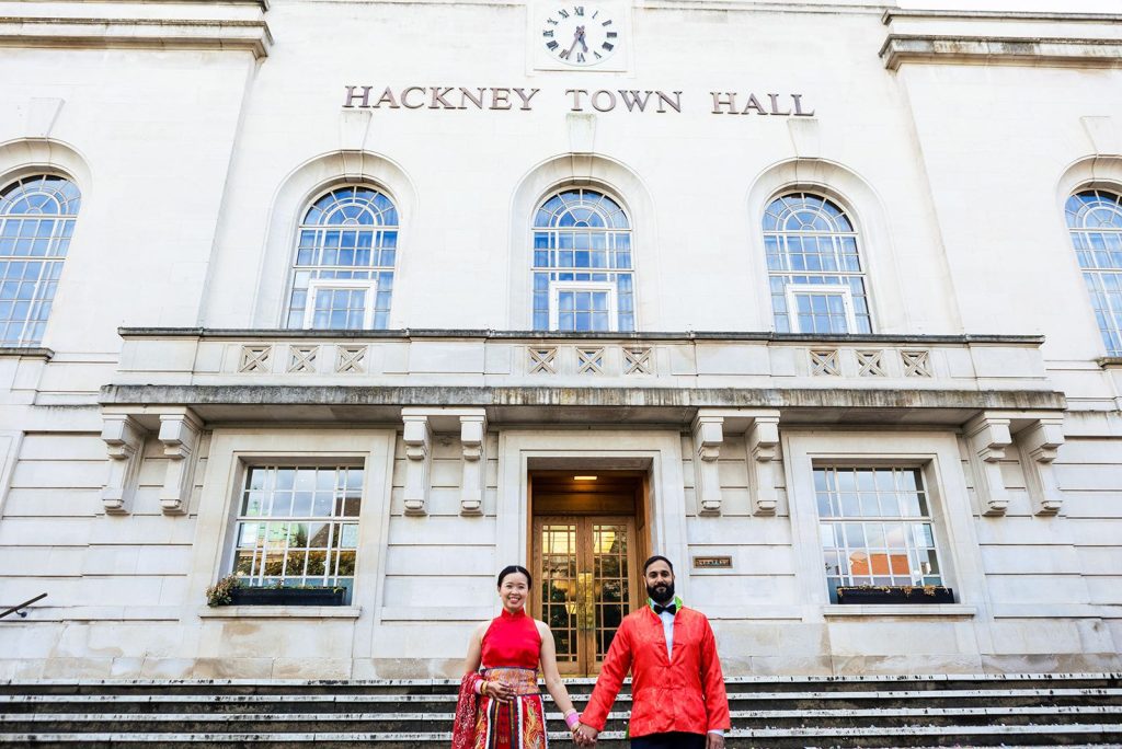 bride an groom outside hackney town hall